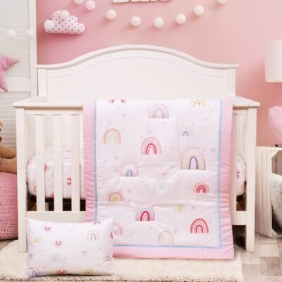 3 Piece Nursery Bedding Set, with Quilt, Fitted Crib Sheet - Pink